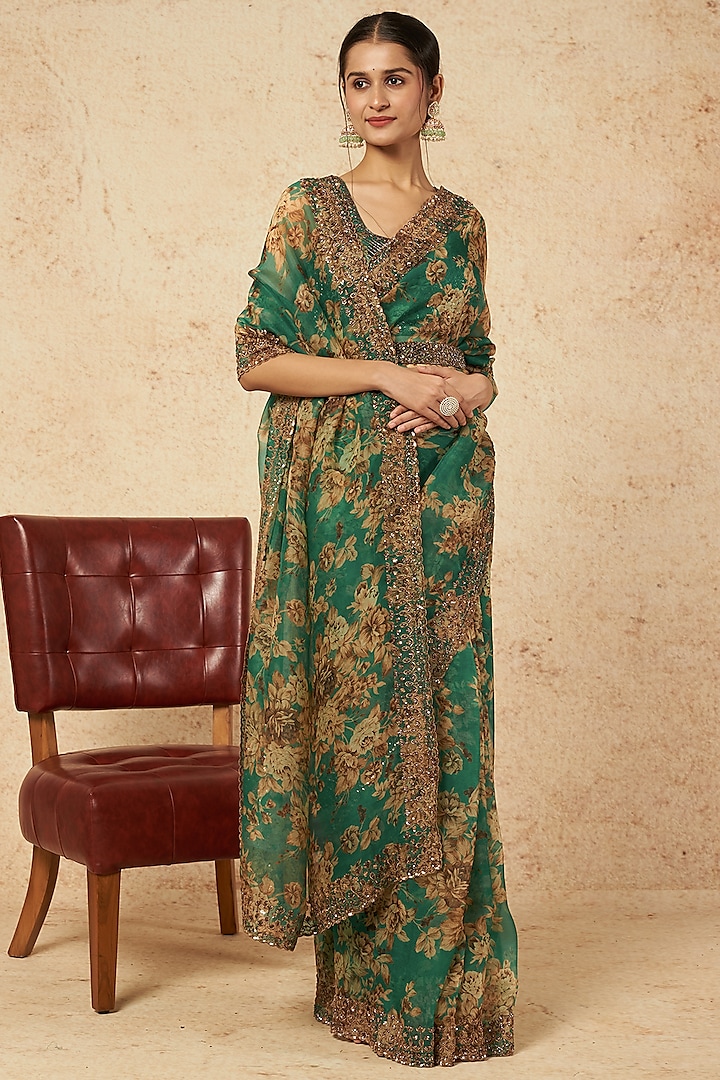 Teal Green Silk Organza & Crepe Floral Printed Saree Set by Astha Narang at Pernia's Pop Up Shop