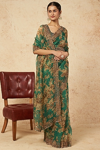 Teal Green Silk Organza & Crepe Floral Printed Saree Set by Astha Narang