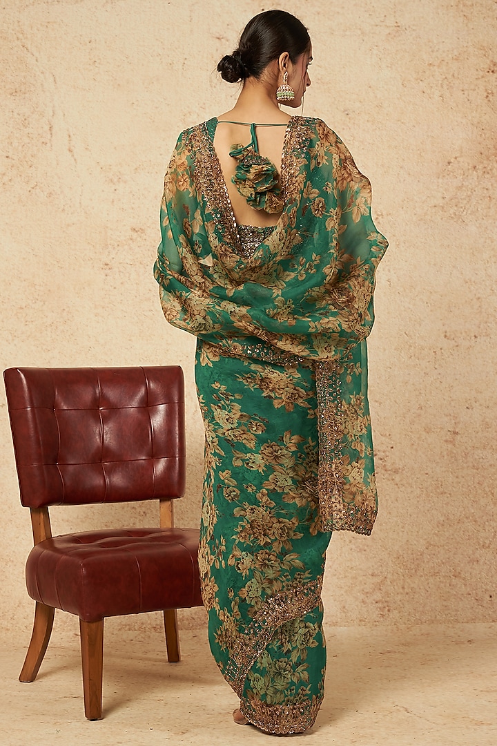 Teal Green Silk Organza & Crepe Floral Printed Wedding Saree Set by Astha Narang at Pernia's Pop Up Shop