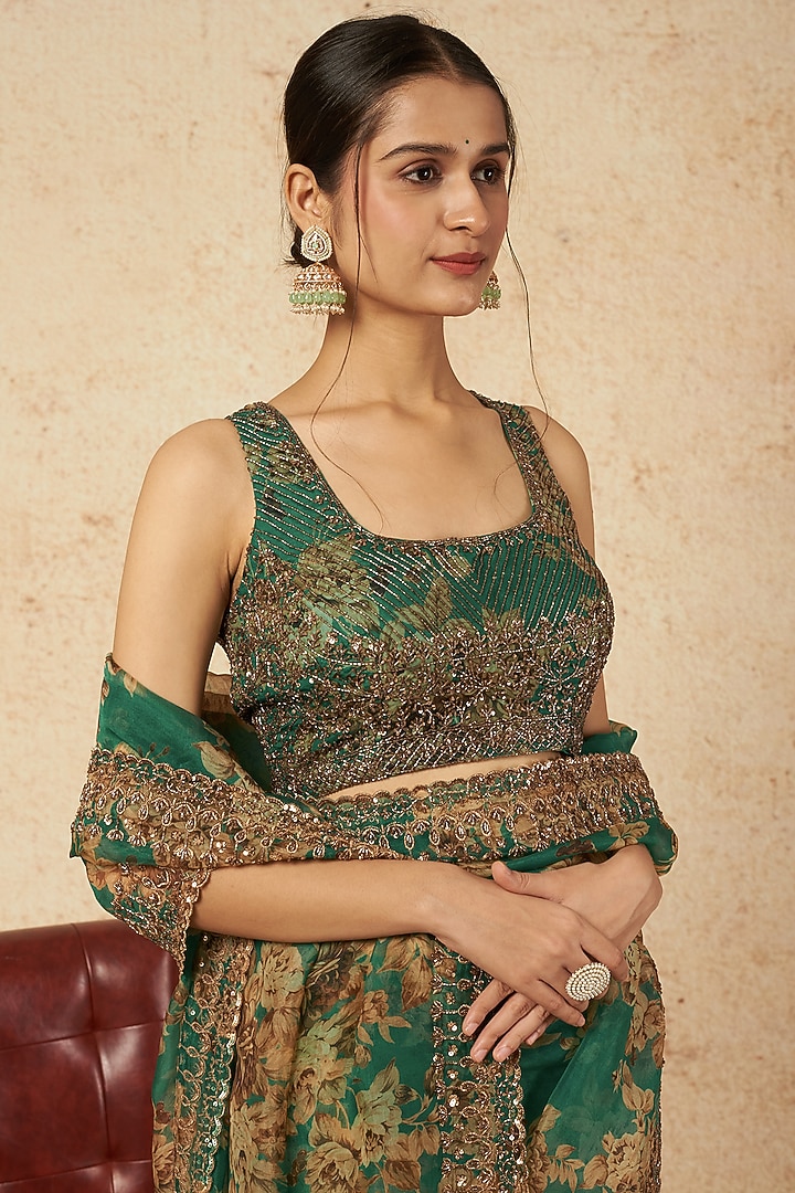 Teal Green Silk Organza & Crepe Floral Printed Wedding Saree Set by Astha Narang at Pernia's Pop Up Shop