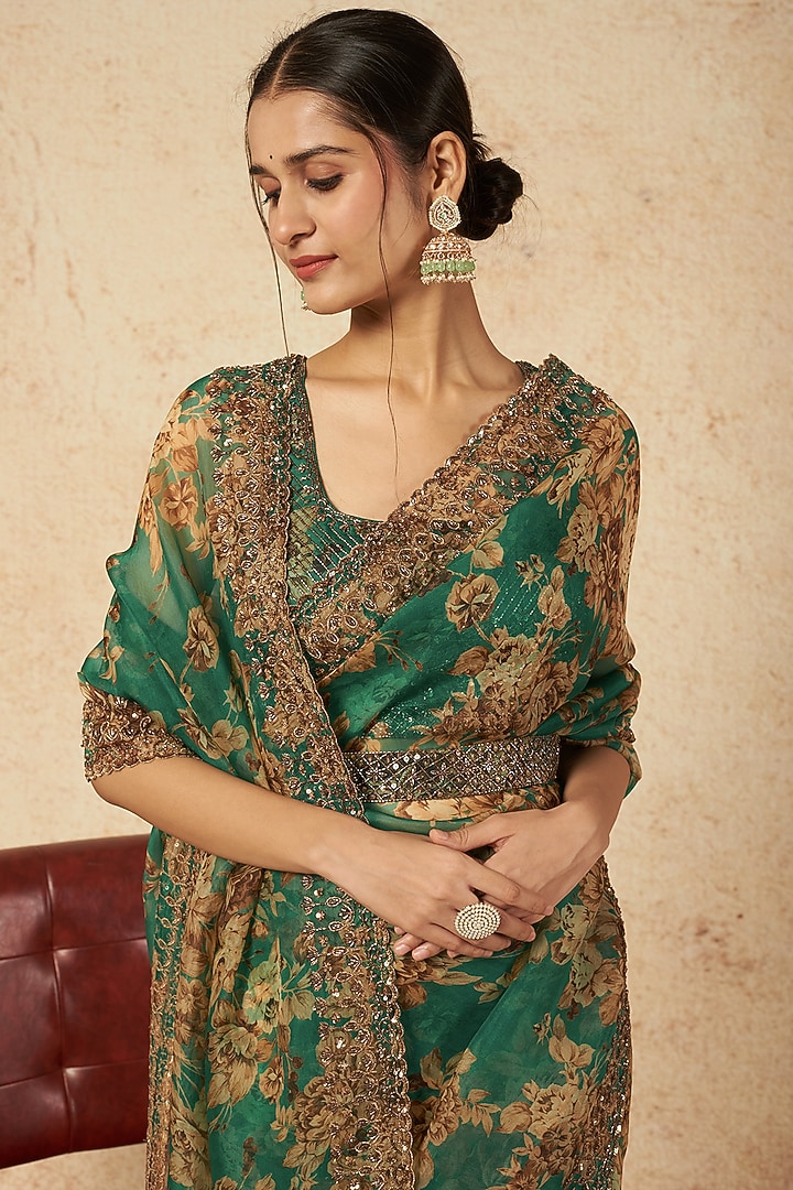 Teal Green Silk Organza & Crepe Floral Printed Wedding Saree Set by Astha Narang at Pernia's Pop Up Shop
