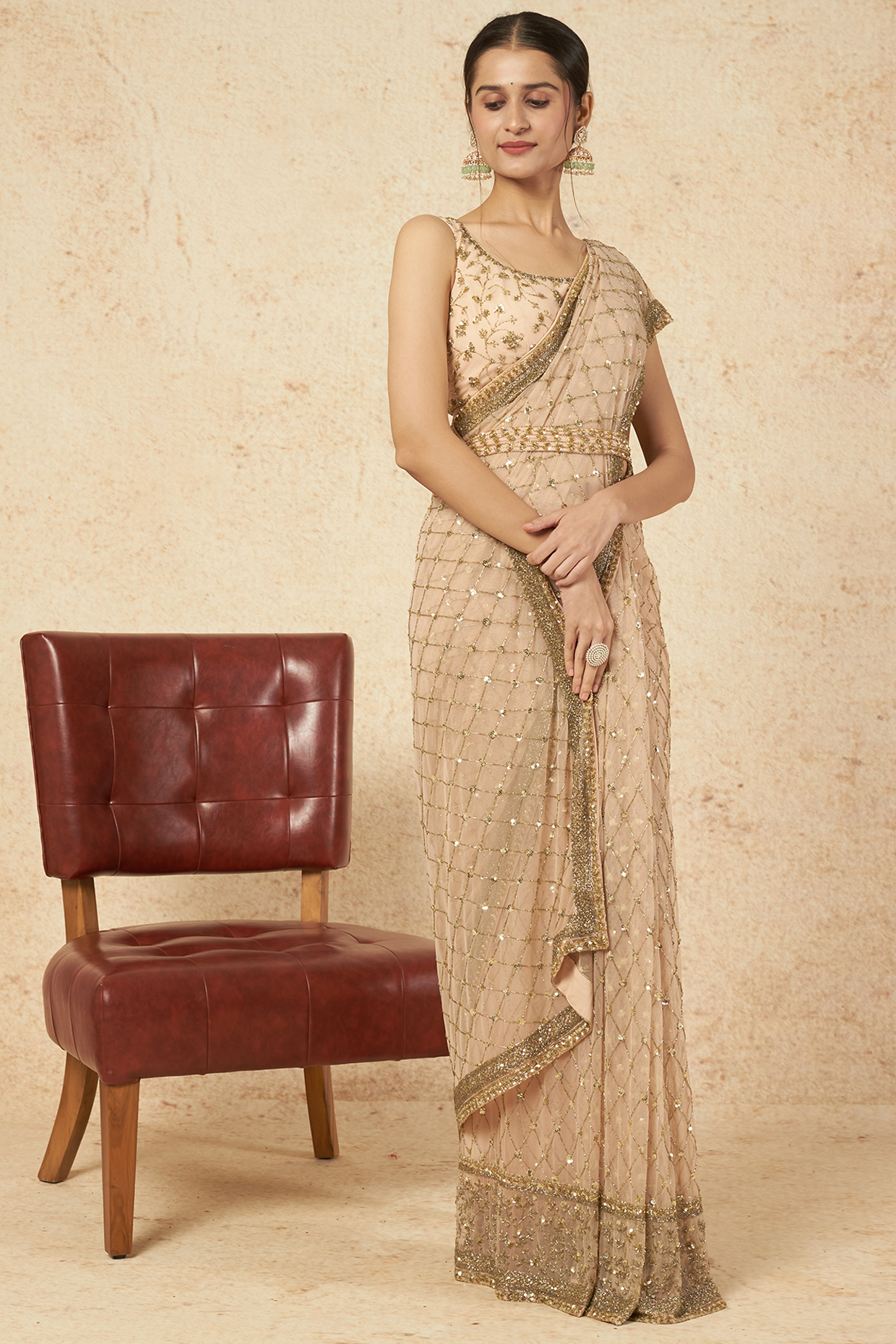 Blush Pink Embroidered Reception Saree Set by Astha Narang at Pernia's Pop Up Shop