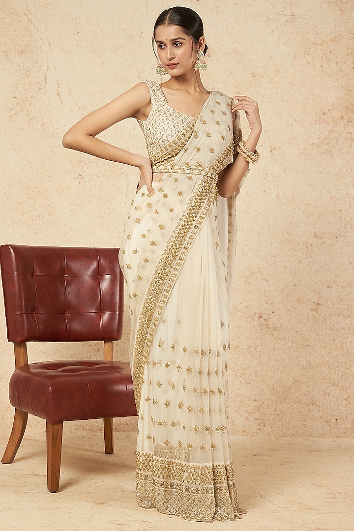White Sequins Embroidered Saree Set by Astha Narang