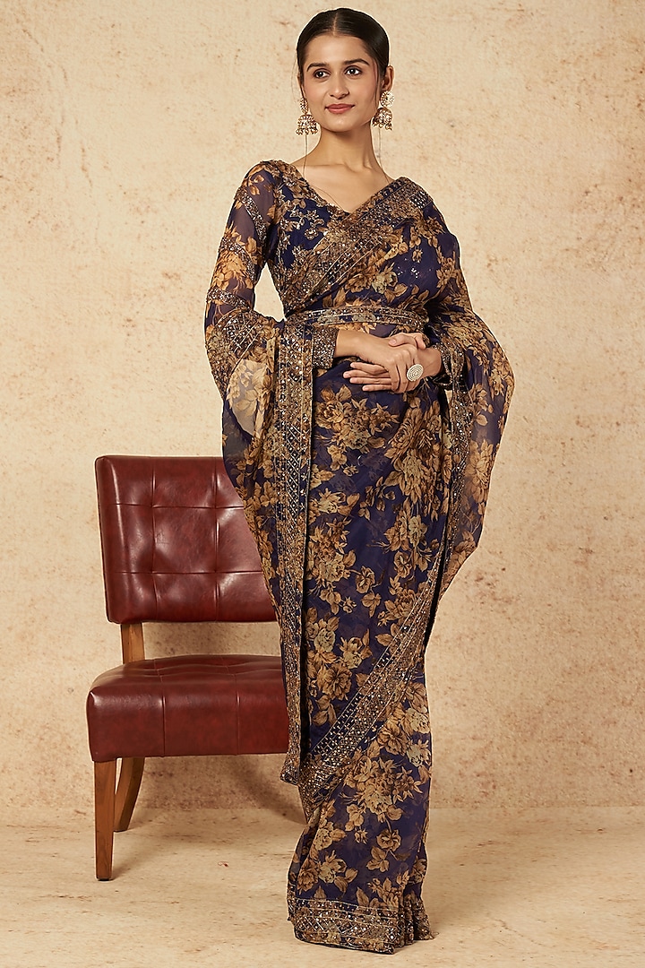 Blue Floral Printed Saree Set by Astha Narang