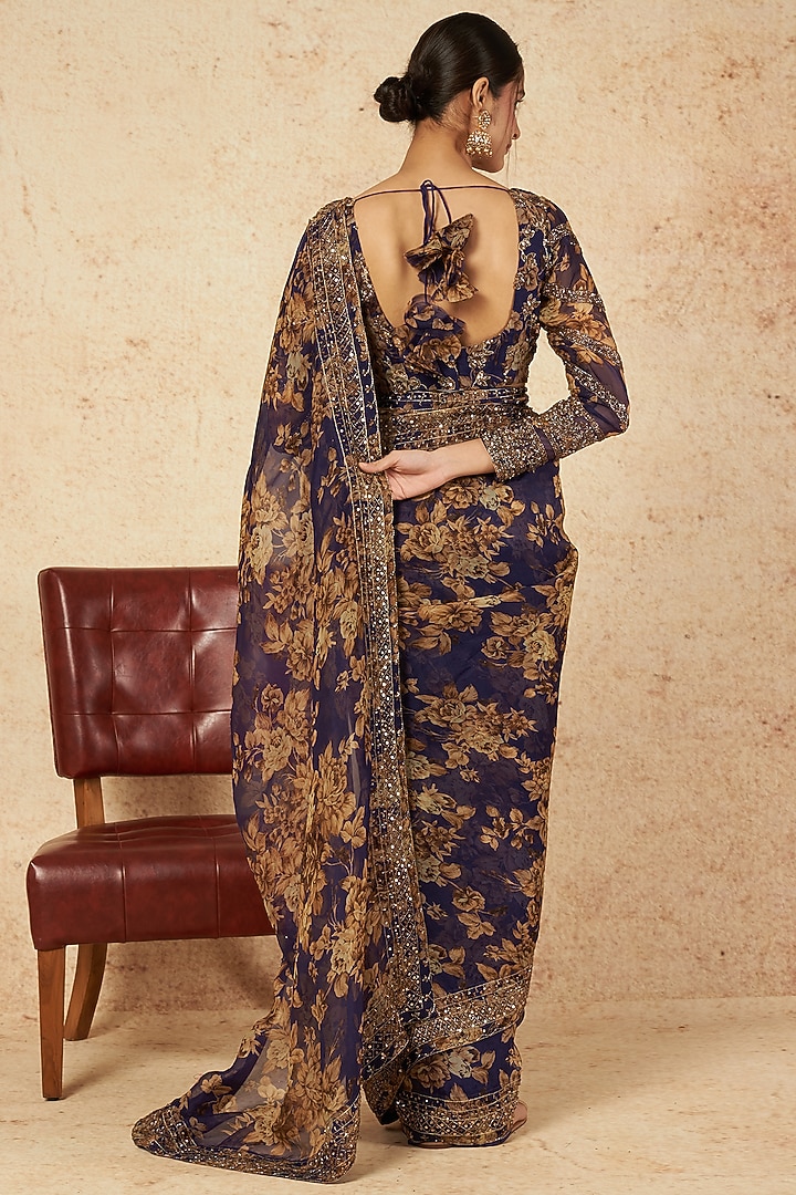 Blue Floral Printed Wedding Saree Set by Astha Narang at Pernia's Pop Up Shop