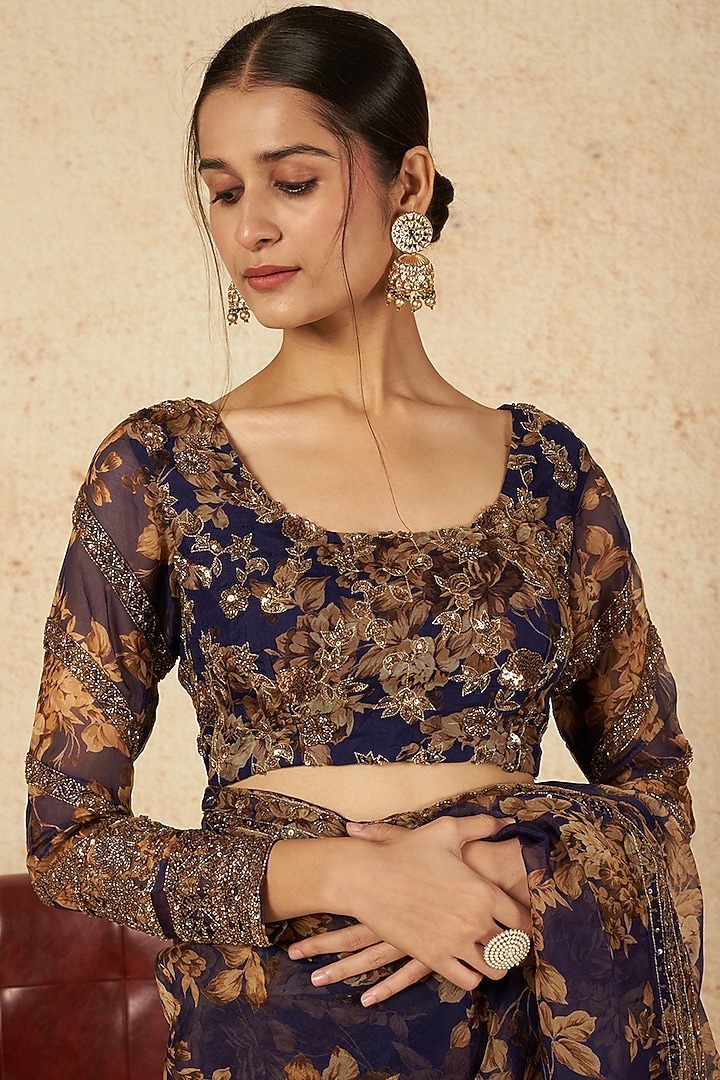 Blue Floral Printed Wedding Saree Set by Astha Narang at Pernia's Pop Up Shop