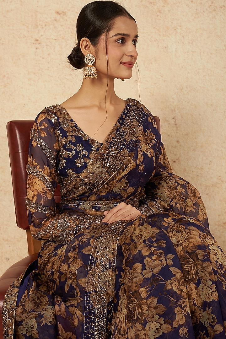Blue Floral Printed Wedding Saree Set by Astha Narang at Pernia's Pop Up Shop