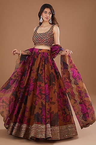 Mustard Organza Floral Printed & Cutdana Embroidered Lehenga Set by Astha Narang
