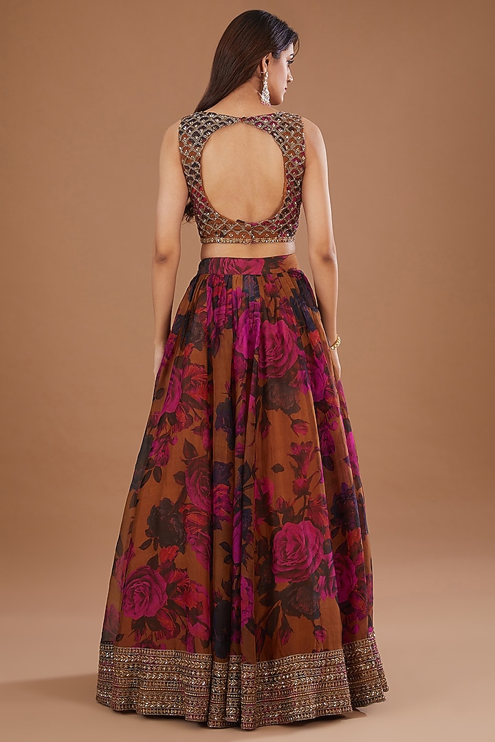 Mustard Organza Floral Printed & Cutdana Embroidered Wedding Lehenga Set by Astha Narang at Pernia's Pop Up Shop
