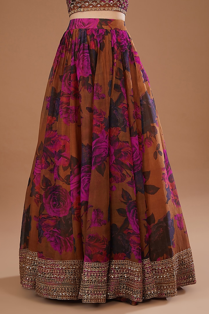 Mustard Organza Floral Printed & Cutdana Embroidered Wedding Lehenga Set by Astha Narang at Pernia's Pop Up Shop