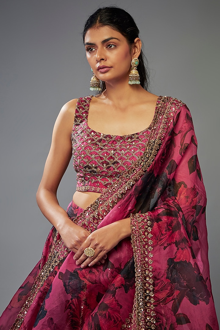 Plum Organza Floral Printed Wedding Lehenga Set by Astha Narang at Pernia's Pop Up Shop