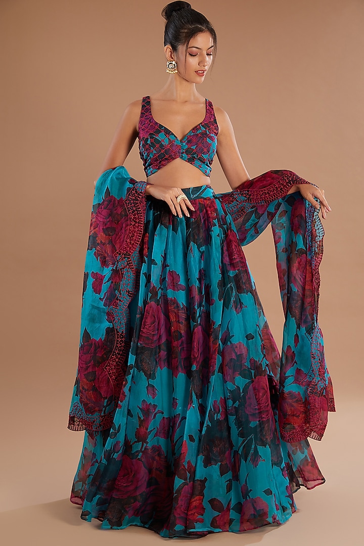 Blue Organza Floral Lehenga Set by Astha Narang