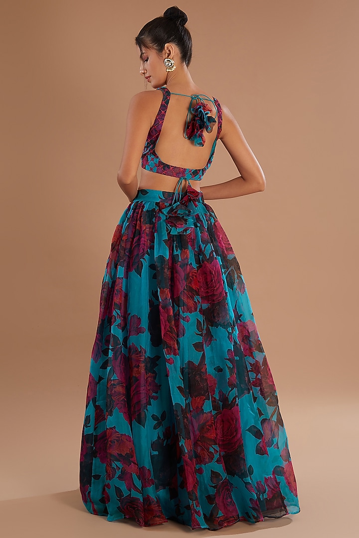 Blue Organza Floral Wedding Lehenga Set by Astha Narang at Pernia's Pop Up Shop
