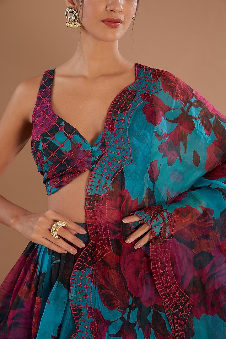 Blue Organza Floral Wedding Lehenga Set by Astha Narang at Pernia's Pop Up Shop