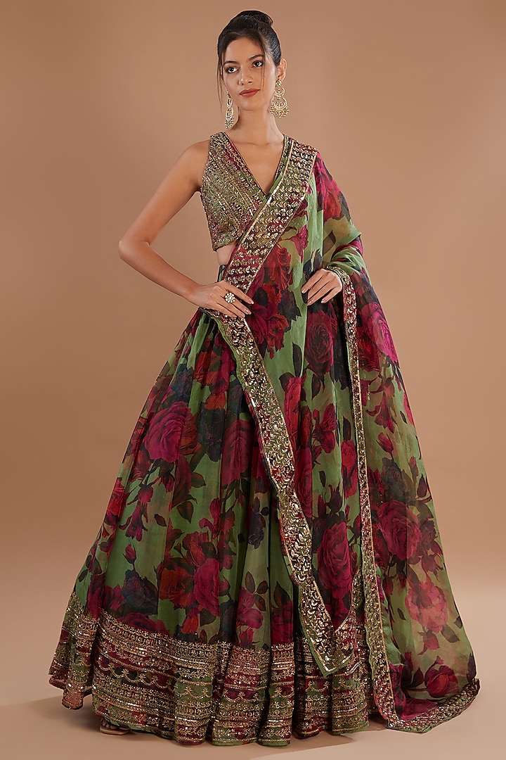 Mehendi Organza Floral Lehenga Set by Astha Narang