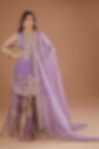 Lavender Organza Floral Printed & Cutdana Embroidered Kurta Set by Astha Narang