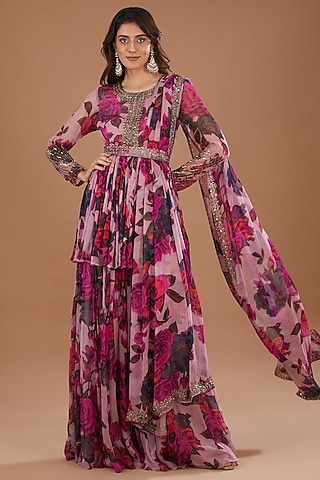 Dark Lavender Chiffon Floral Printed Gharara Set by Astha Narang