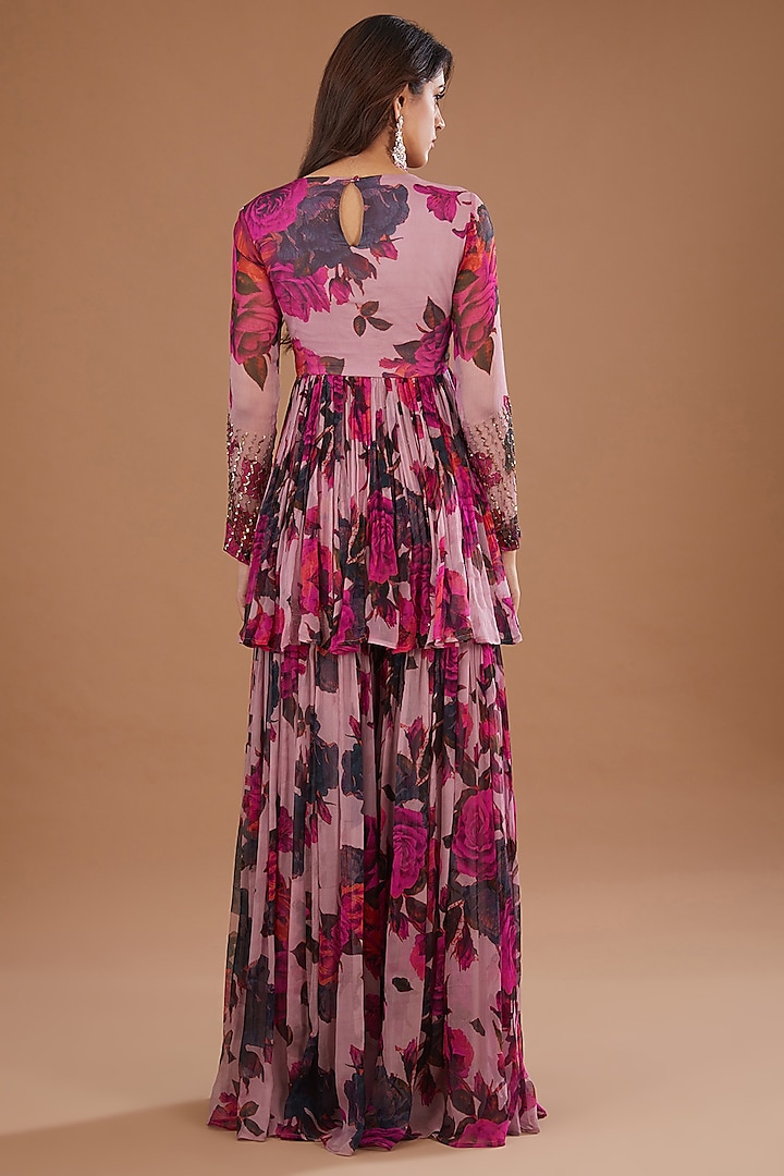 Dark Lavender Chiffon Floral Printed Gharara Set by Astha Narang at Pernia's Pop Up Shop
