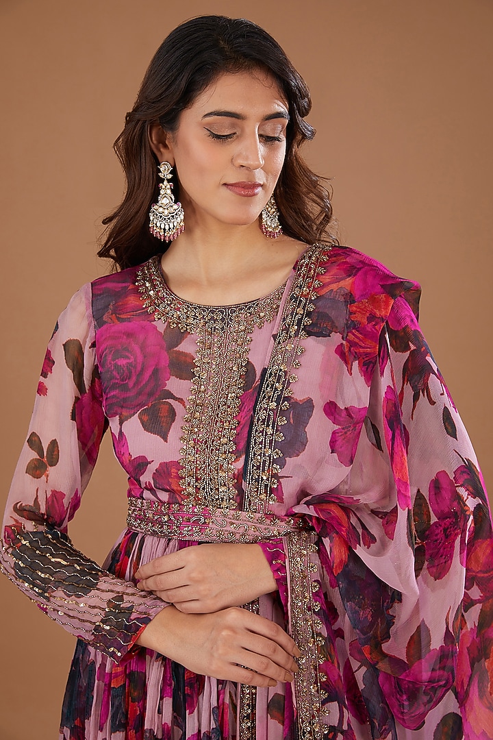 Dark Lavender Chiffon Floral Printed Gharara Set by Astha Narang at Pernia's Pop Up Shop