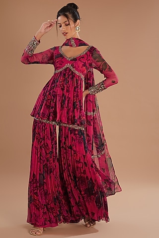 Carmine Pink Chiffon Sharara Set by Astha Narang