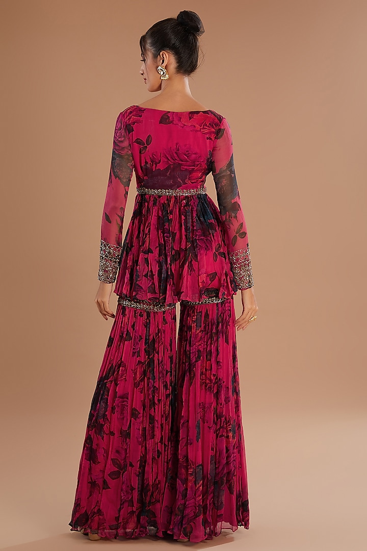 Carmine Pink Chiffon Wedding Sharara Set by Astha Narang at Pernia's Pop Up Shop
