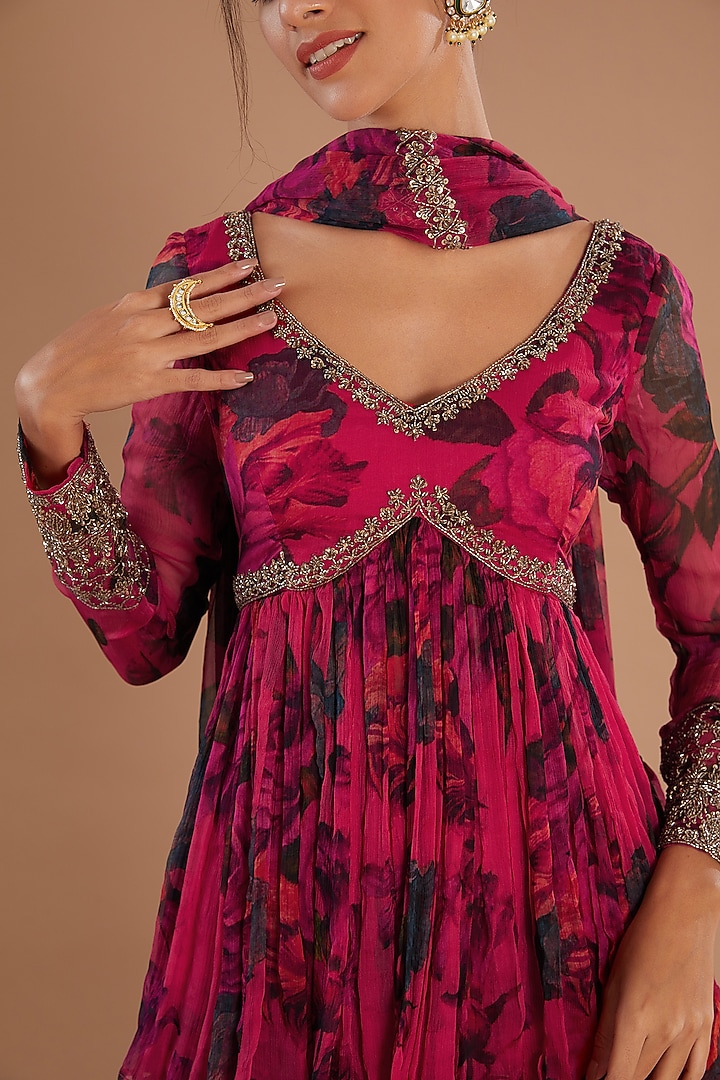 Carmine Pink Chiffon Wedding Sharara Set by Astha Narang at Pernia's Pop Up Shop