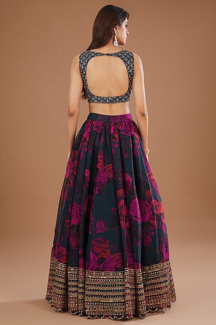 Teal Blue Organza Floral Printed & Cutdana Embroidered Wedding Lehenga Set by Astha Narang at Pernia's Pop Up Shop