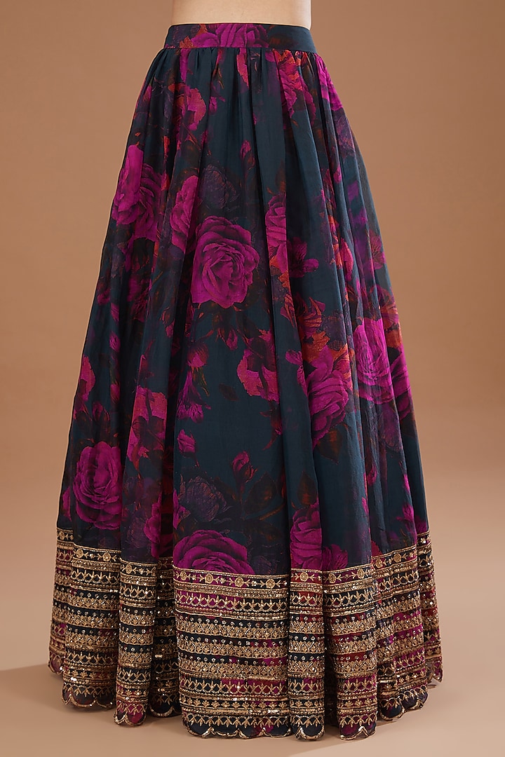 Teal Blue Organza Floral Printed & Cutdana Embroidered Wedding Lehenga Set by Astha Narang at Pernia's Pop Up Shop