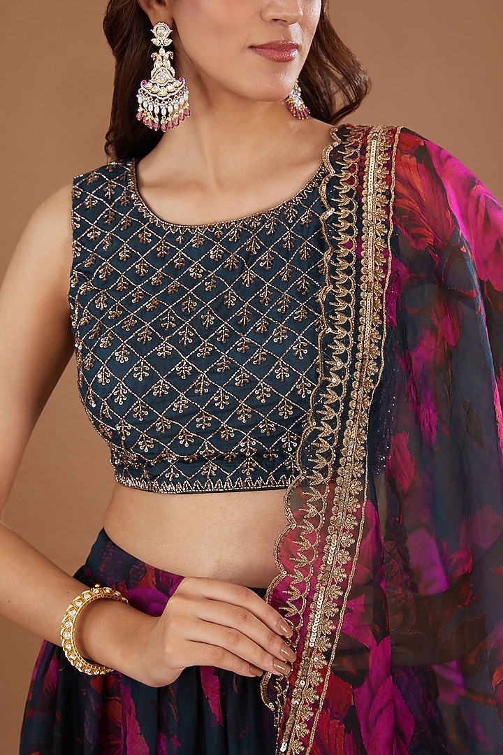 Teal Blue Organza Floral Printed & Cutdana Embroidered Wedding Lehenga Set by Astha Narang at Pernia's Pop Up Shop