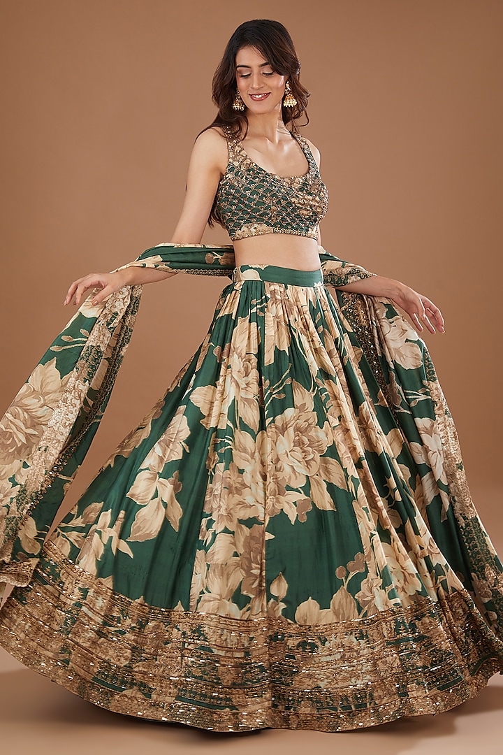 Bottle Green Silk Floral Printed & Cutdana Embroidered Lehenga Set by Astha Narang