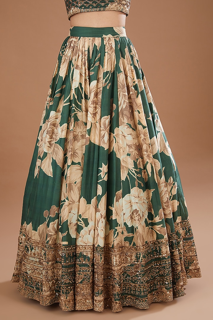 Bottle Green Silk Floral Printed & Cutdana Embroidered Wedding Lehenga Set by Astha Narang at Pernia's Pop Up Shop