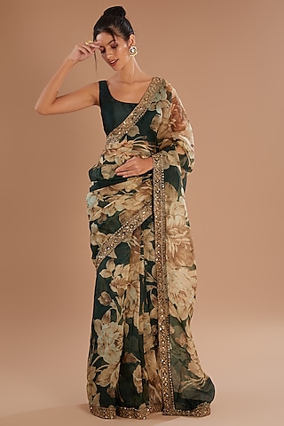 Teal Green Organza Floral Saree Set by Astha Narang