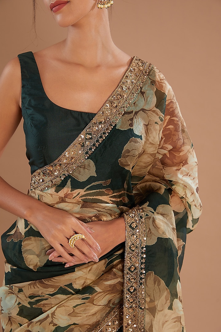 Teal Green Organza Floral Wedding Saree Set by Astha Narang at Pernia's Pop Up Shop