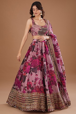 Dark Lavender Organza Floral Printed & Cutdana Embroidered Lehenga Set by Astha Narang