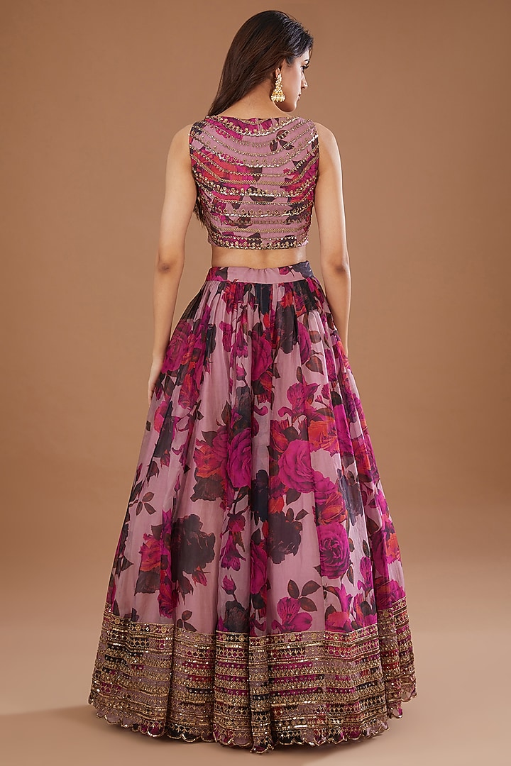 Dark Lavender Organza Floral Printed & Cutdana Embroidered Wedding Lehenga Set by Astha Narang at Pernia's Pop Up Shop