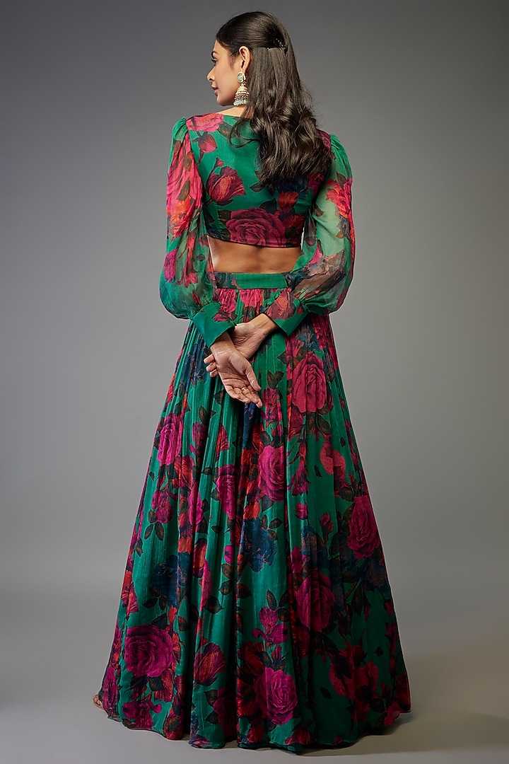 Teal Green Chiffon Floral Printed Wedding Lehenga Set by Astha Narang at Pernia's Pop Up Shop