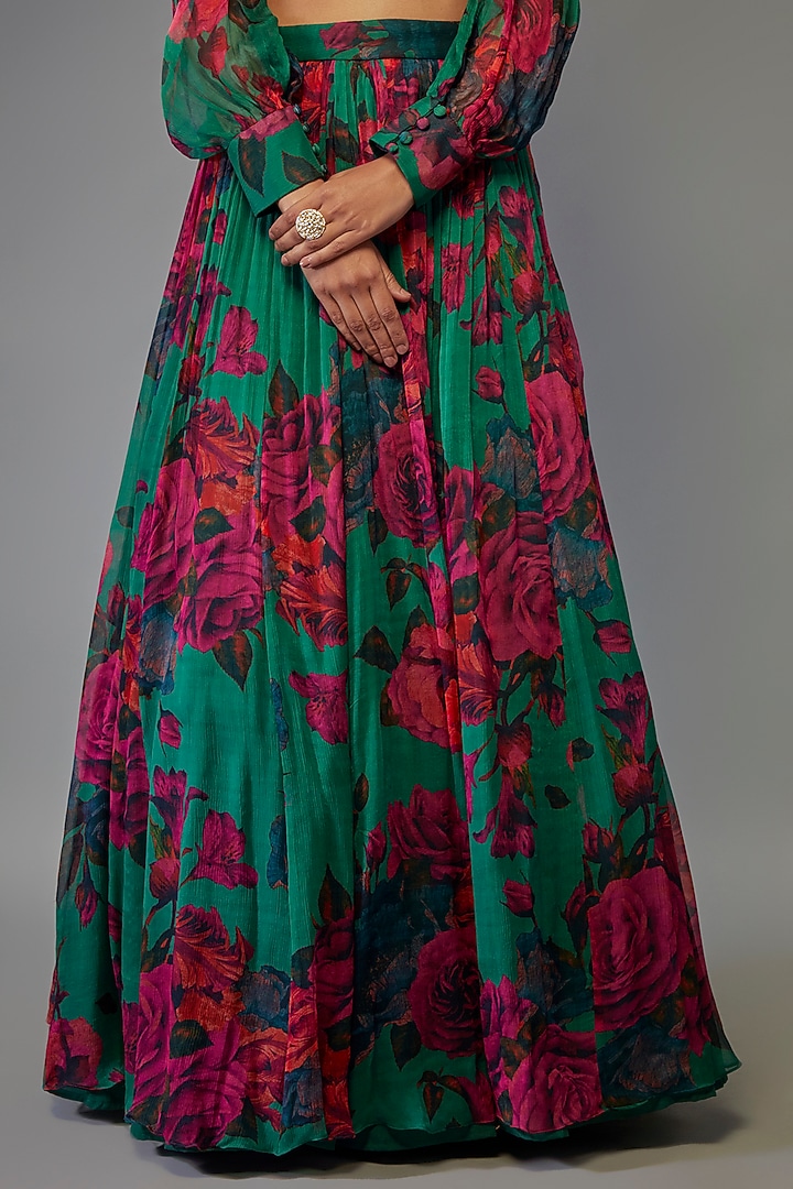 Teal Green Chiffon Floral Printed Wedding Lehenga Set by Astha Narang at Pernia's Pop Up Shop