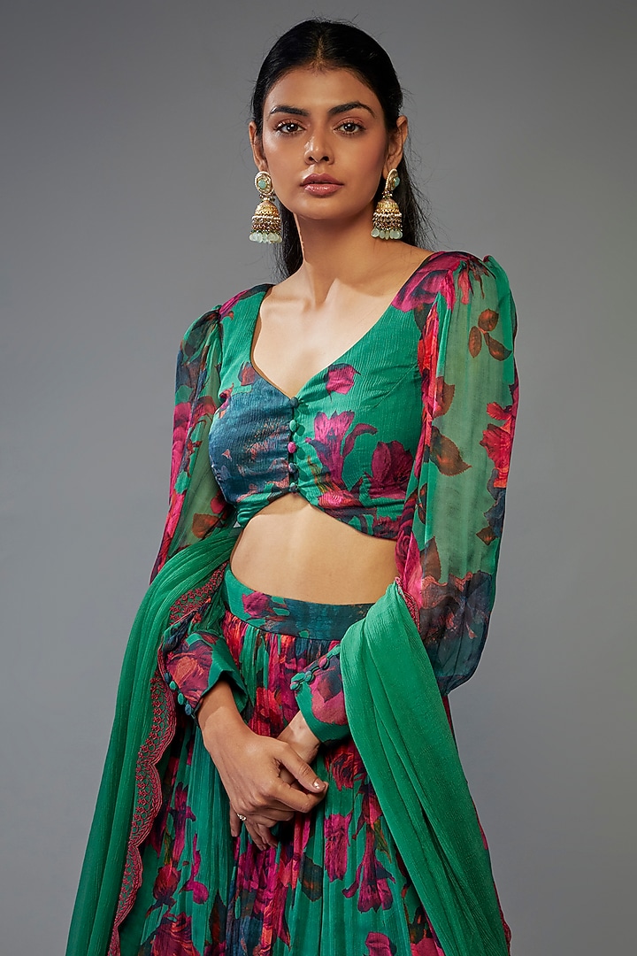 Teal Green Chiffon Floral Printed Wedding Lehenga Set by Astha Narang at Pernia's Pop Up Shop