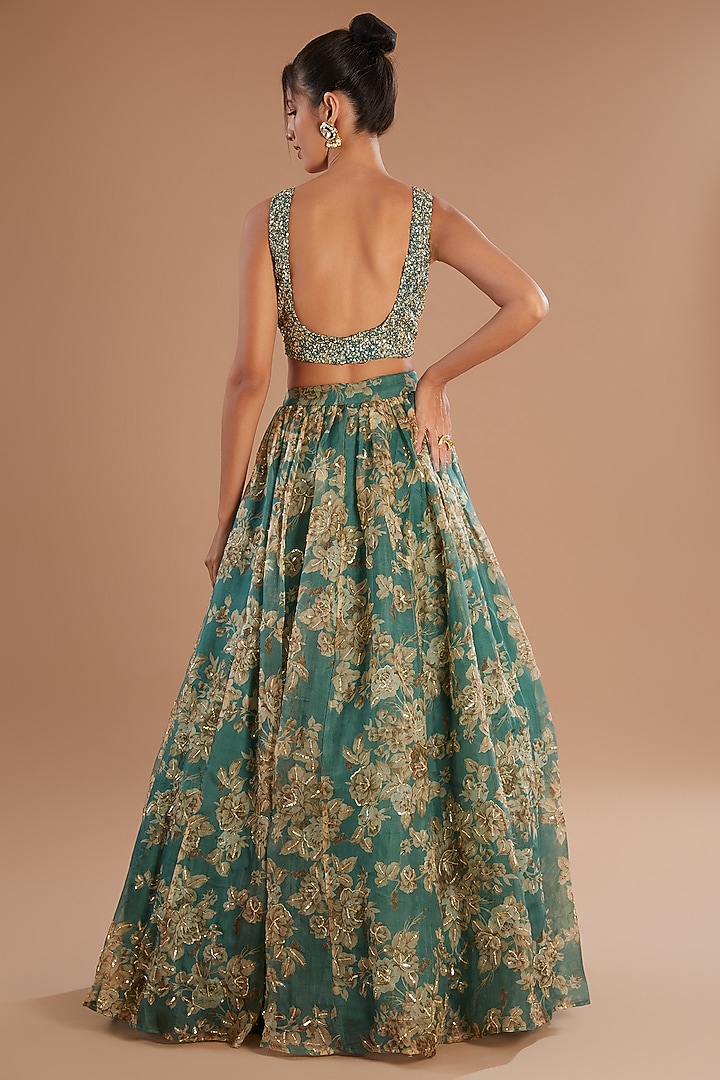 Grey Green Organza Floral Wedding Lehenga Set by Astha Narang at Pernia's Pop Up Shop
