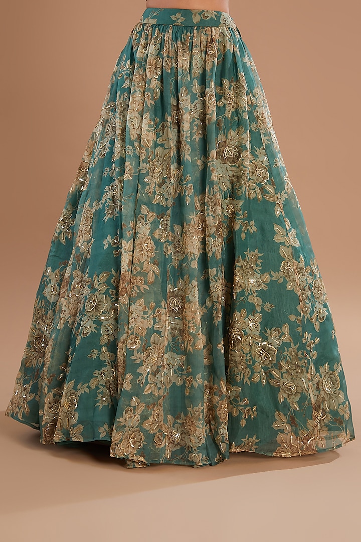 Grey Green Organza Floral Wedding Lehenga Set by Astha Narang at Pernia's Pop Up Shop
