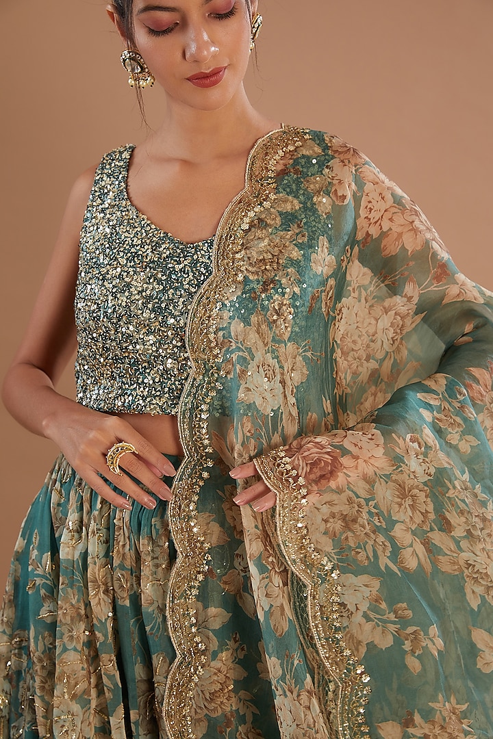 Grey Green Organza Floral Wedding Lehenga Set by Astha Narang at Pernia's Pop Up Shop