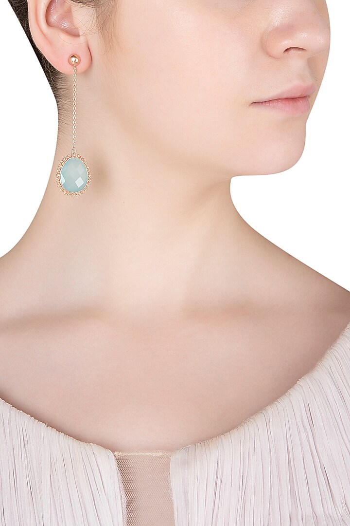 Rose gold finish aqua chalcedony earrings available only at Pernia's Pop Up Shop.