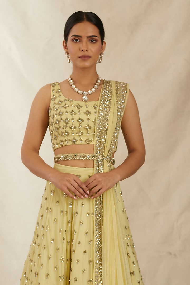 Yellow Net & Crepe Embroidered Wedding Lehenga Set by Astha Narang at Pernia's Pop Up Shop