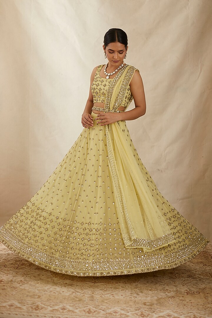 Yellow Net & Crepe Embroidered Wedding Lehenga Set by Astha Narang at Pernia's Pop Up Shop