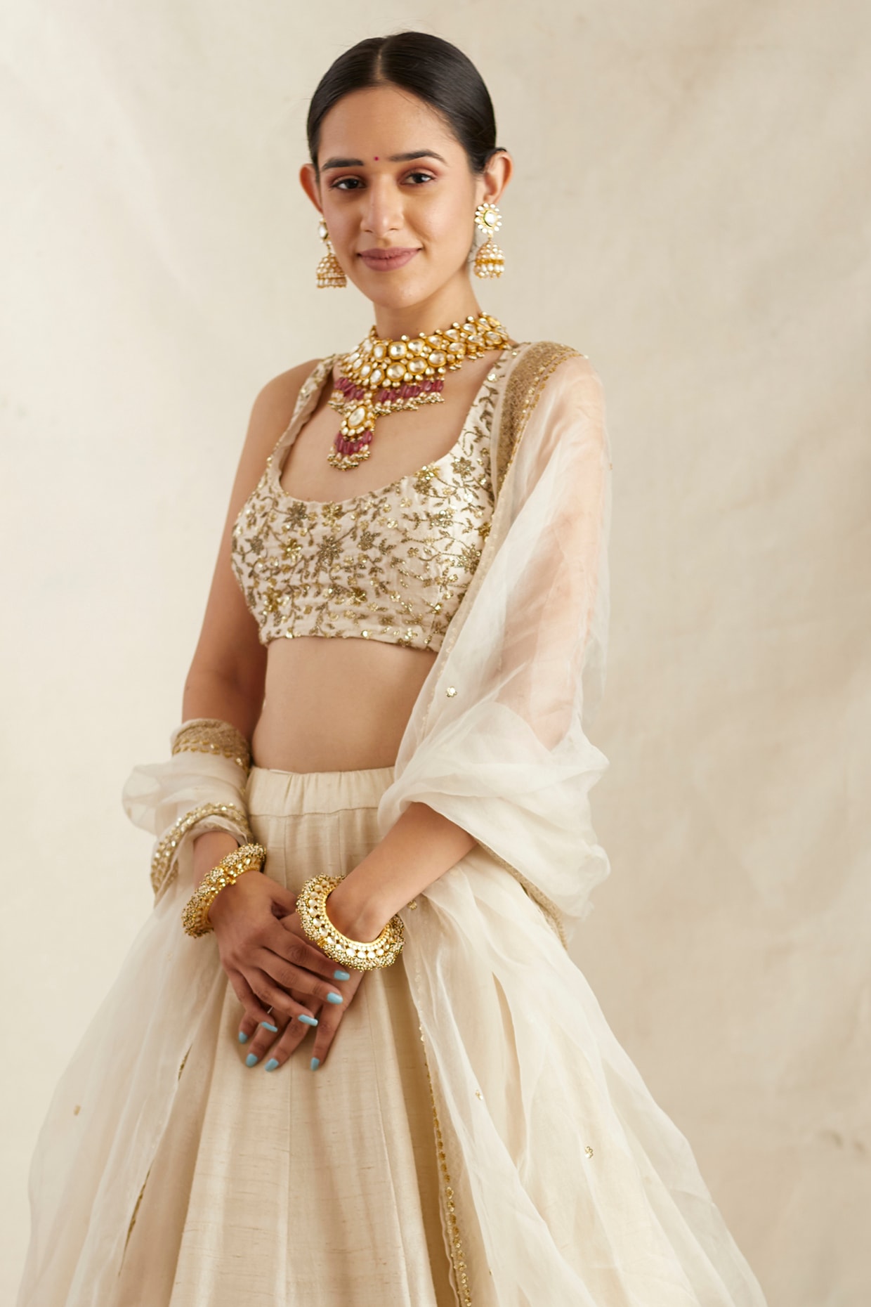 Buy White Tulle Hand Embroidered Beads V Neck Blouse Bridal Lehenga Set For  Women by Premya By Manishii Online at Aza Fashions.