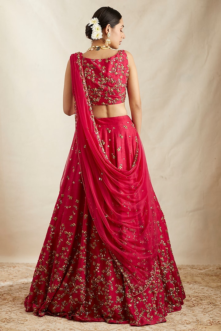 Caramine Pink Raw Silk Boota Embroidered Wedding Lehenga Set by Astha Narang at Pernia's Pop Up Shop