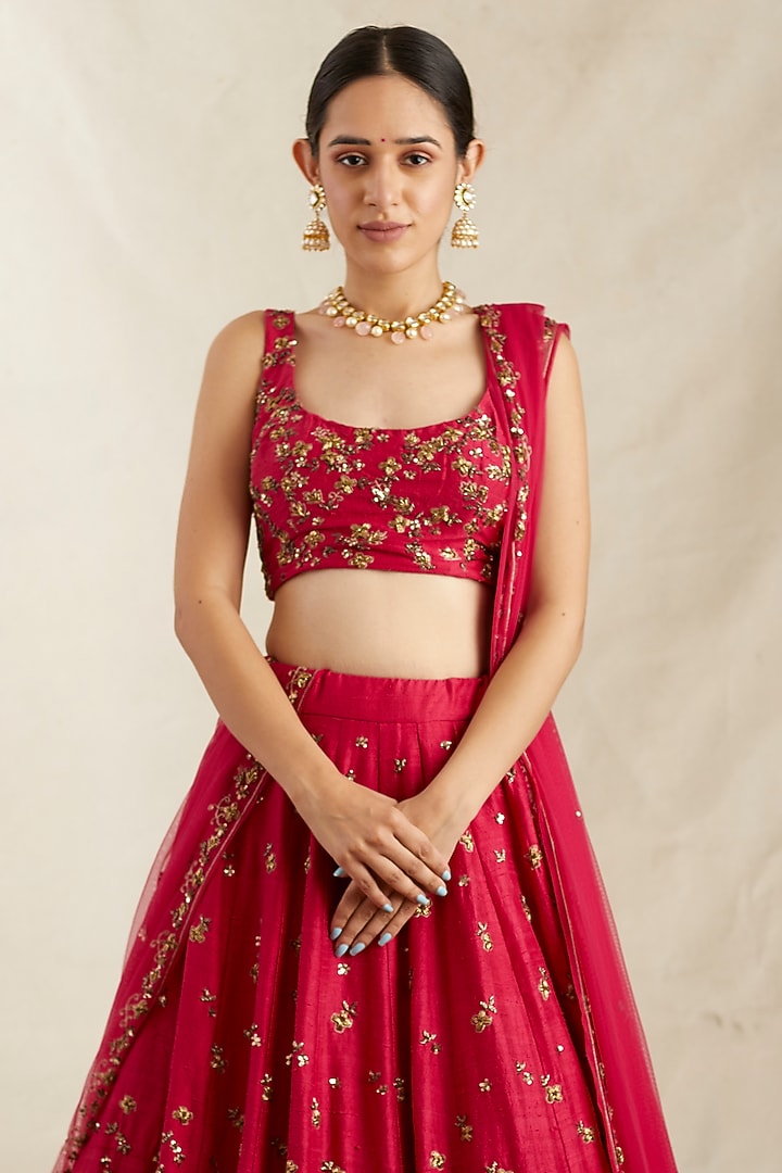 Caramine Pink Raw Silk Boota Embroidered Wedding Lehenga Set by Astha Narang at Pernia's Pop Up Shop