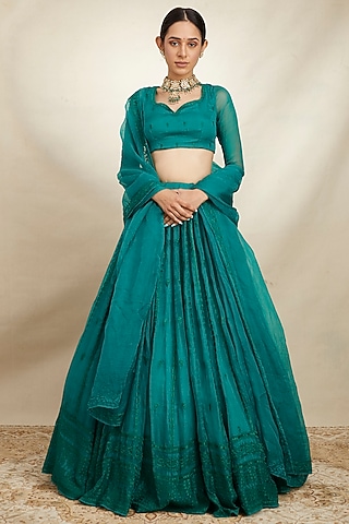 Teal Green Organza Silk Thread Embroidered Lehenga Set by Astha Narang