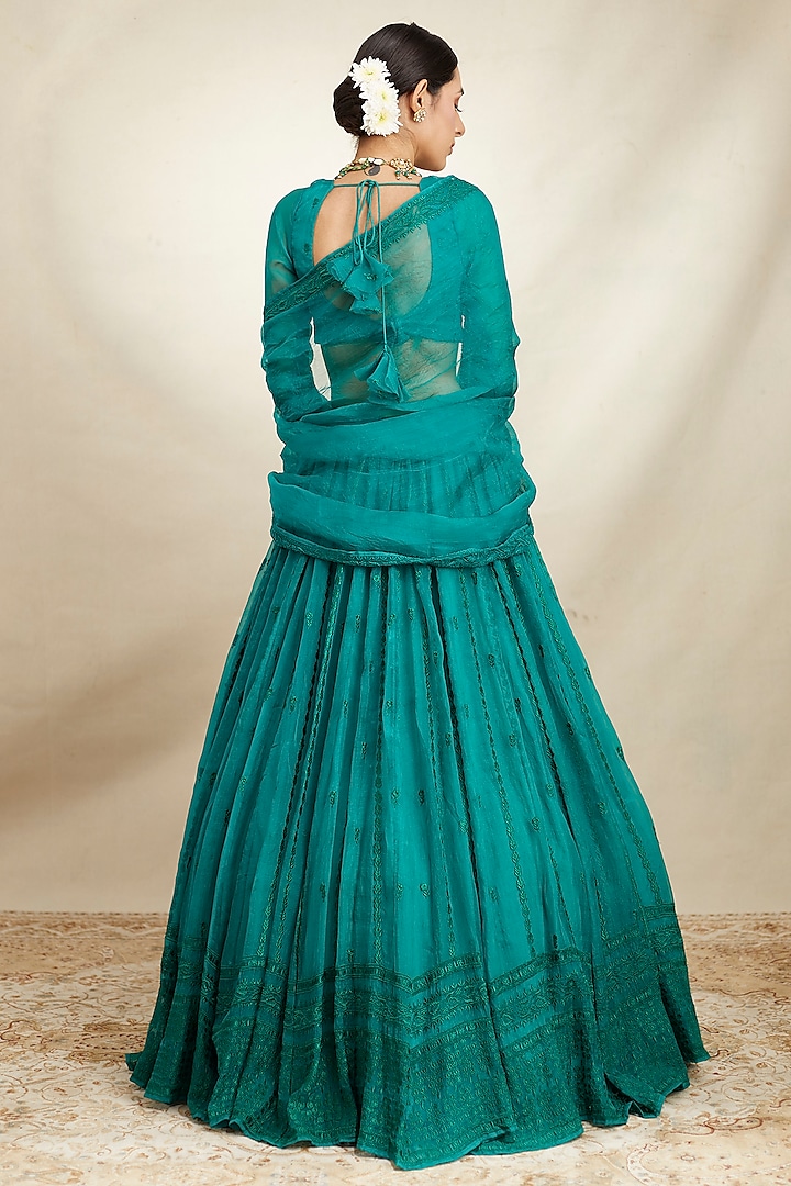 Teal Green Organza Silk Thread Embroidered Wedding Lehenga Set by Astha Narang at Pernia's Pop Up Shop