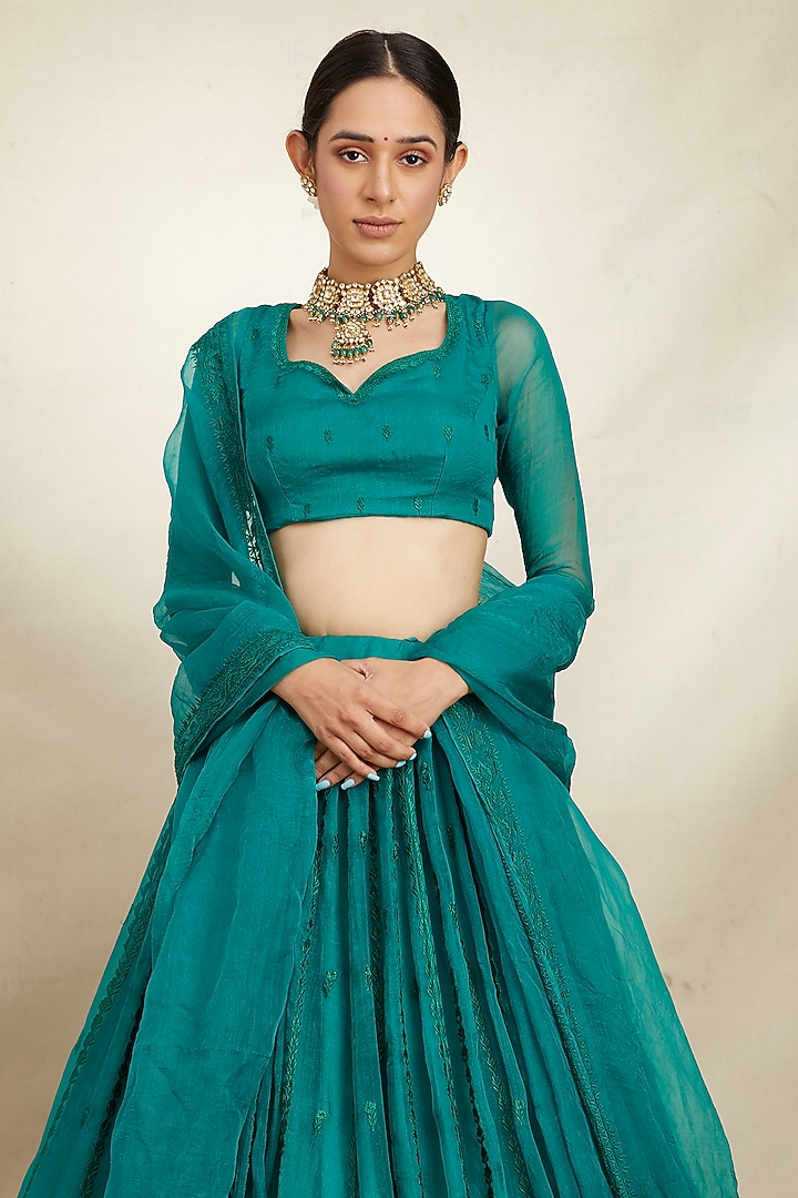 Teal Green Organza Silk Thread Embroidered Wedding Lehenga Set by Astha Narang at Pernia's Pop Up Shop